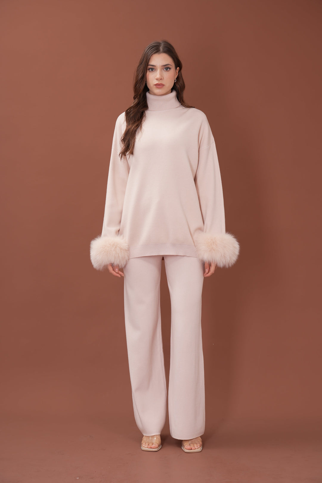 Ivy Real Fox Fur Turtleneck Knit Lounge Set