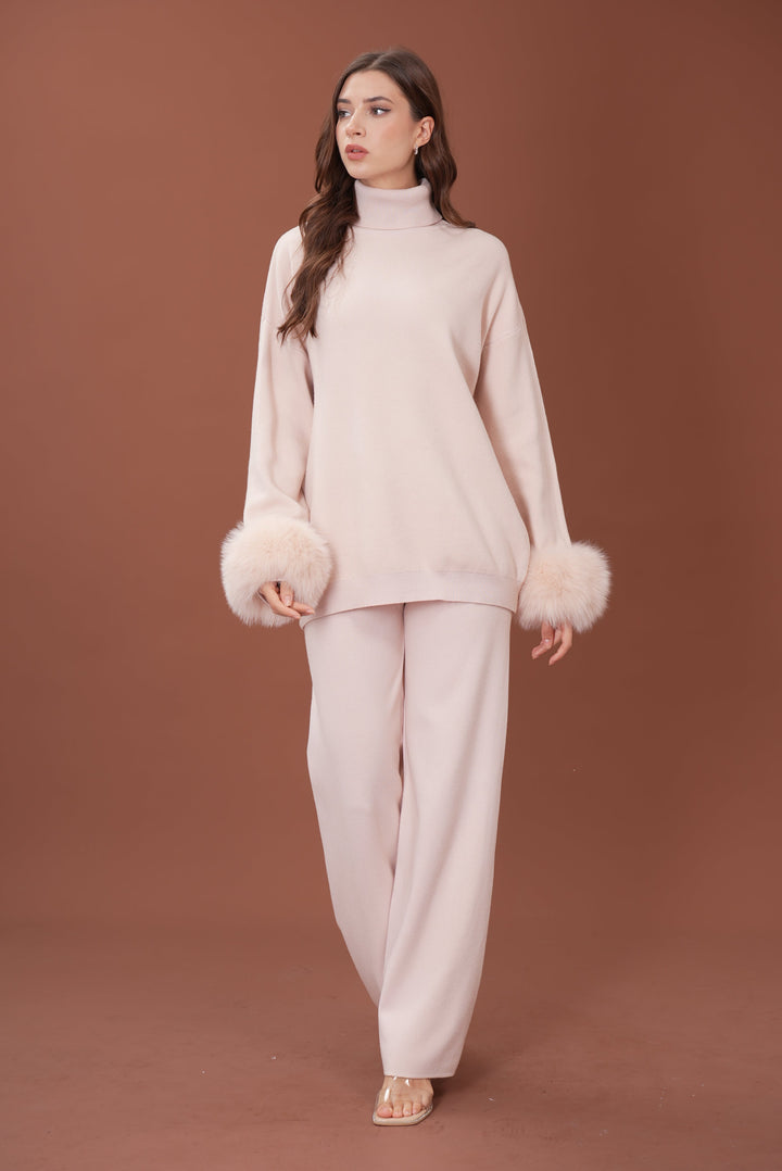 Ivy Real Fox Fur Turtleneck Knit Lounge Set