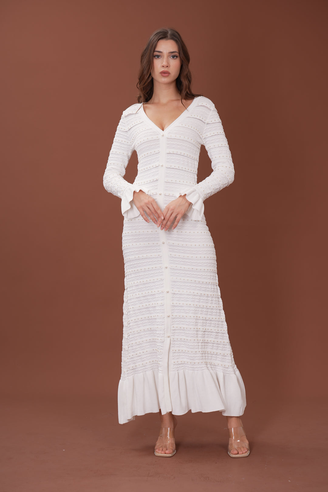 Elegant Pearl V Neck Maxi Dress