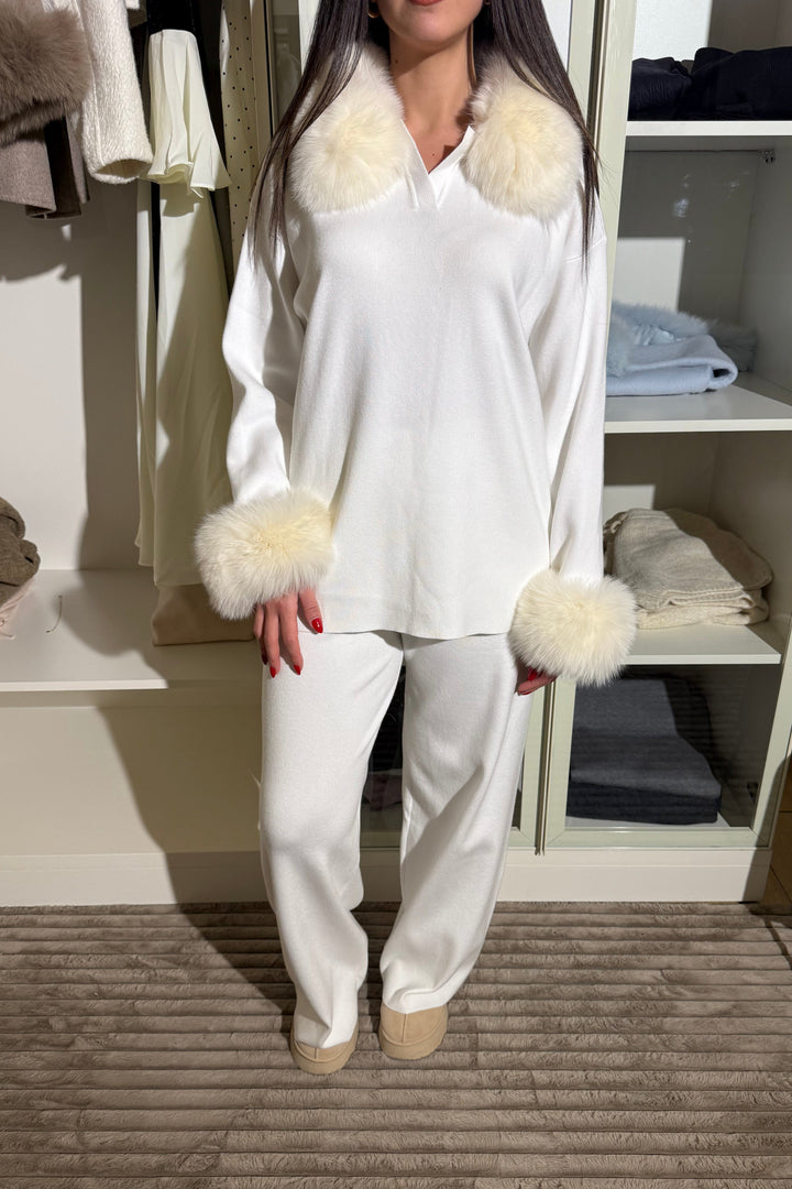 Velora Real Fox Fur Knit Lounge Set - Fur Cuff Edition