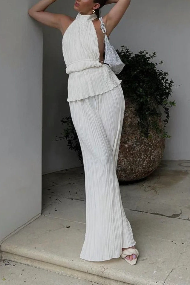 Santorini Pleated Backless Halter Wide Leg  Set