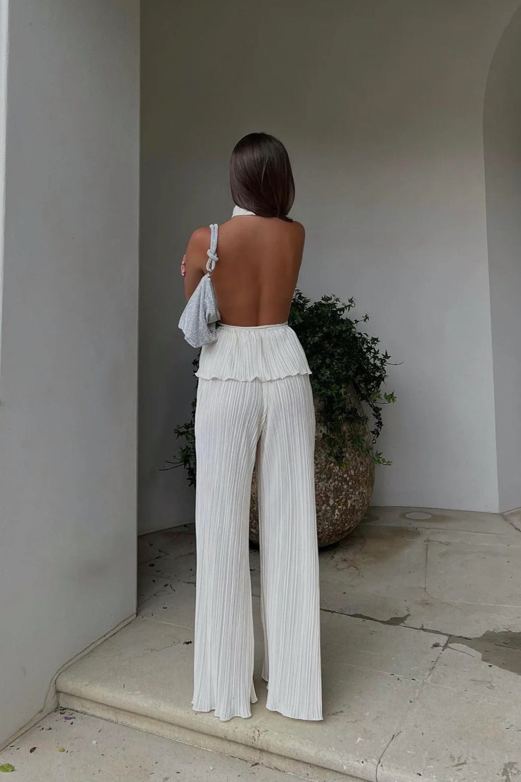 Santorini Pleated Backless Halter Wide Leg  Set