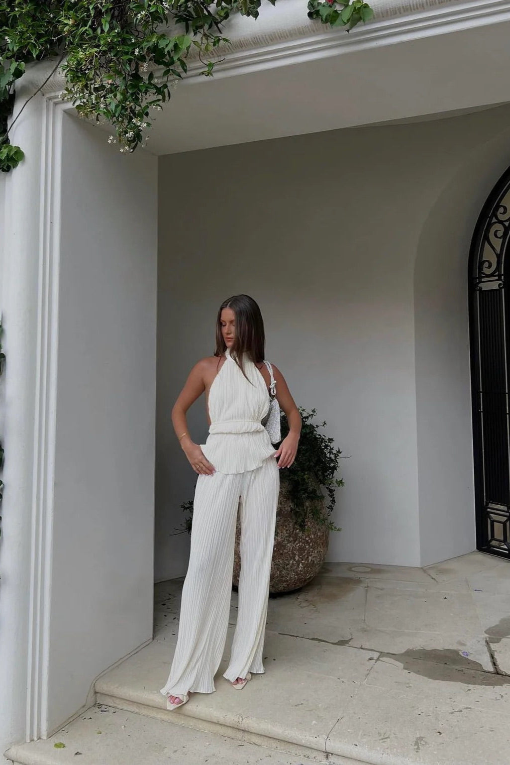 Santorini Pleated Backless Halter Wide Leg  Set