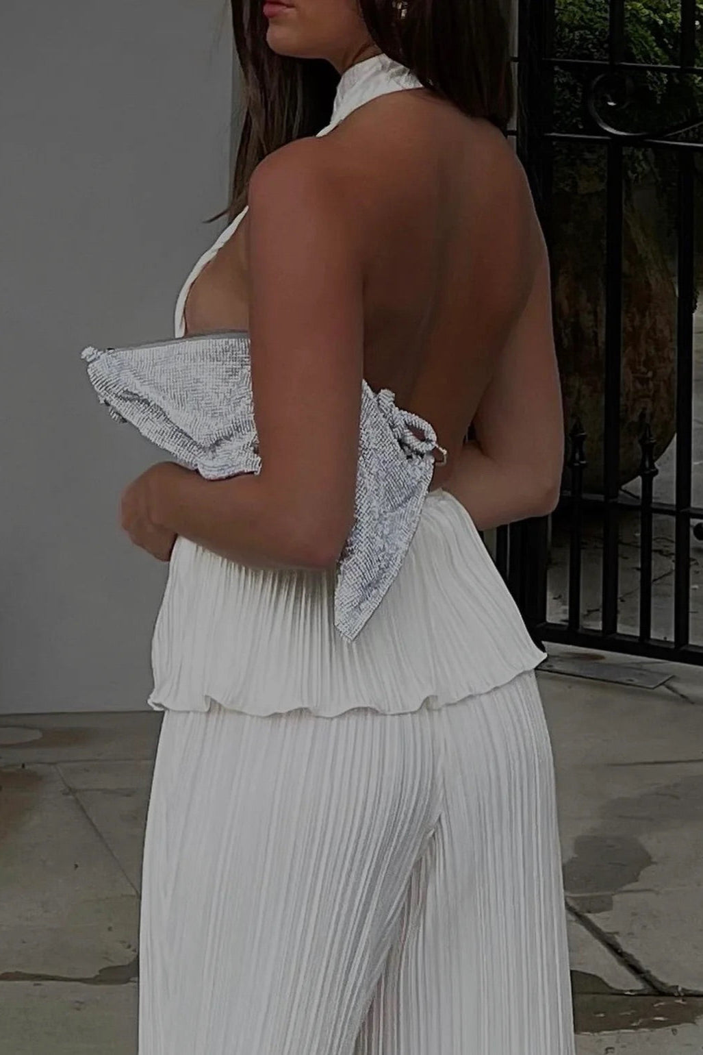 Santorini Pleated Backless Halter Wide Leg  Set