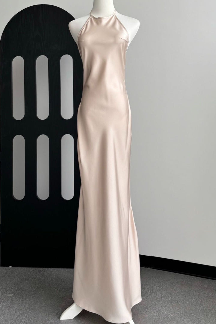Champagne Ivory Luxury Satin Backless Maxi Dress