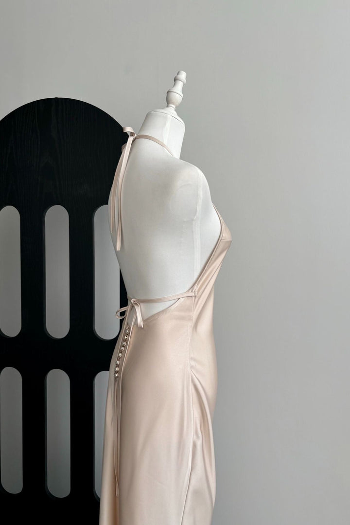 Champagne Ivory Luxury Satin Backless Maxi Dress