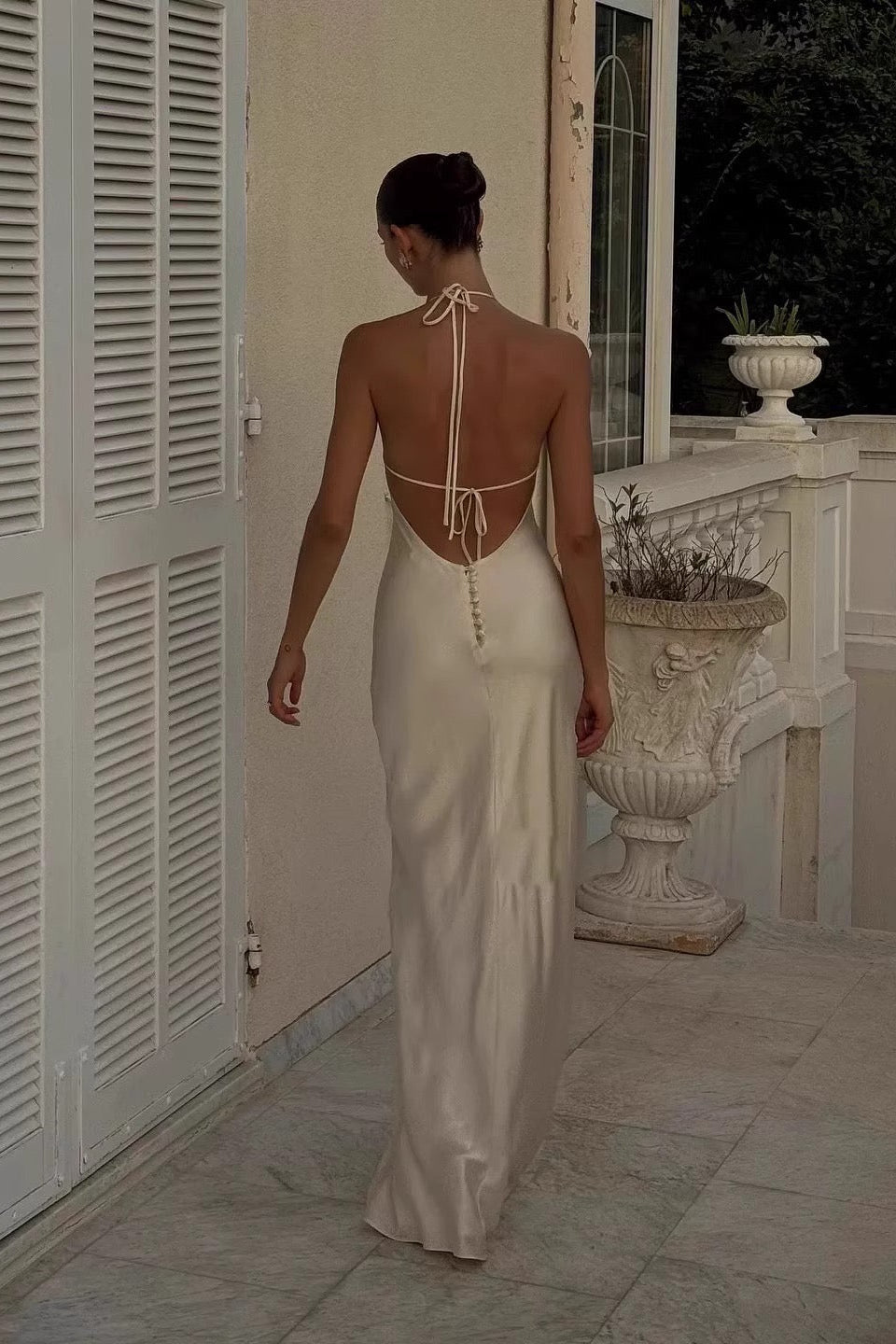 Champagne Ivory Luxury Satin Backless Maxi Dress