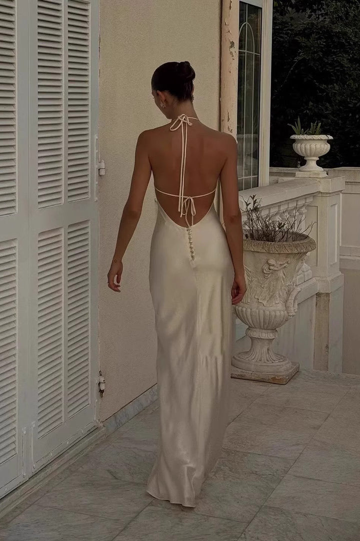 Champagne Ivory Luxury Satin Backless Maxi Dress