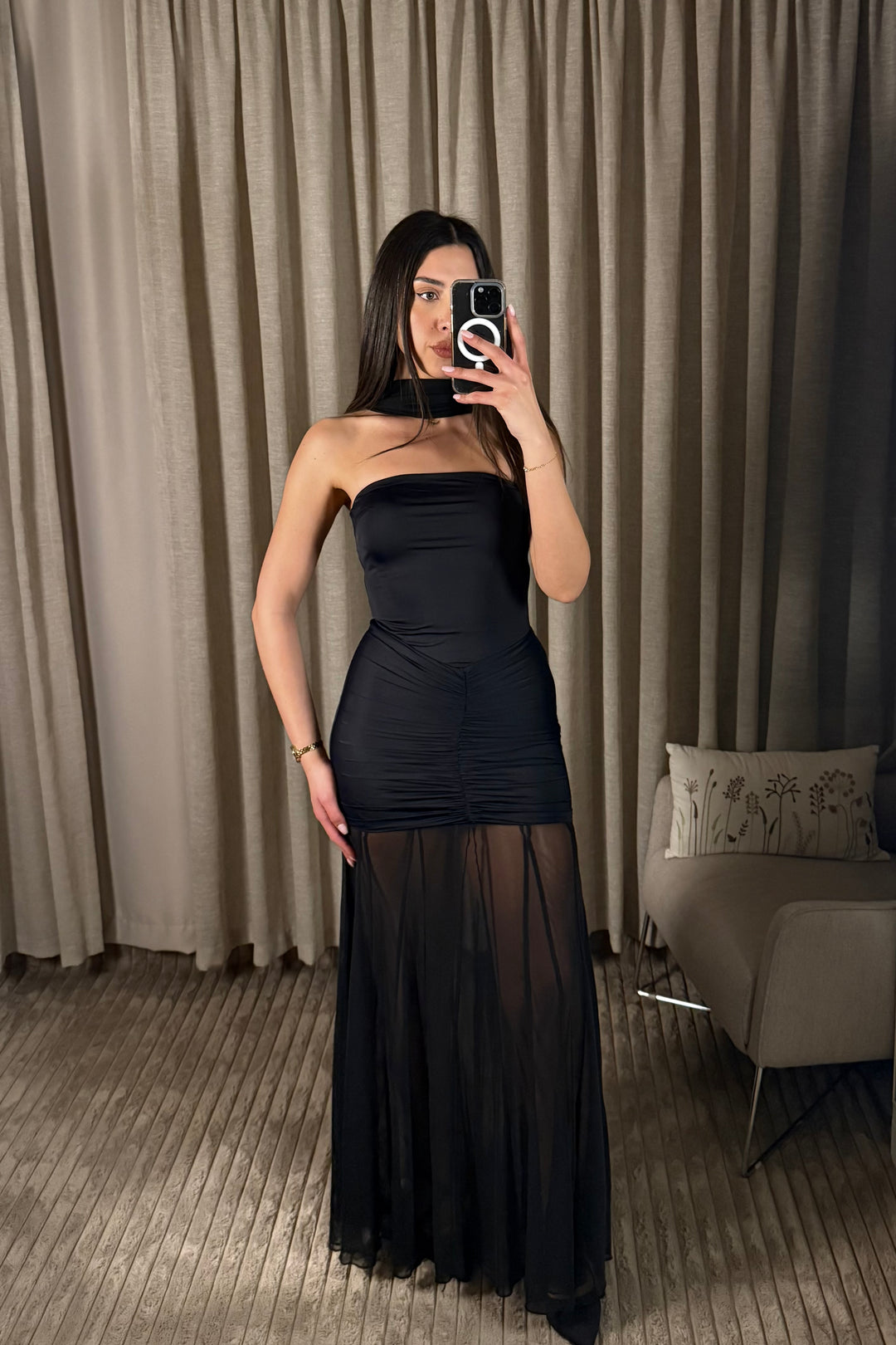 Katie Mesh Ruched Off Shoulder Sheer Maxi Dress