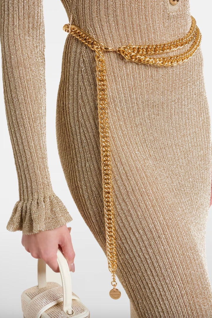 Golden Sand Chain Ribbed Knit Maxi Dress