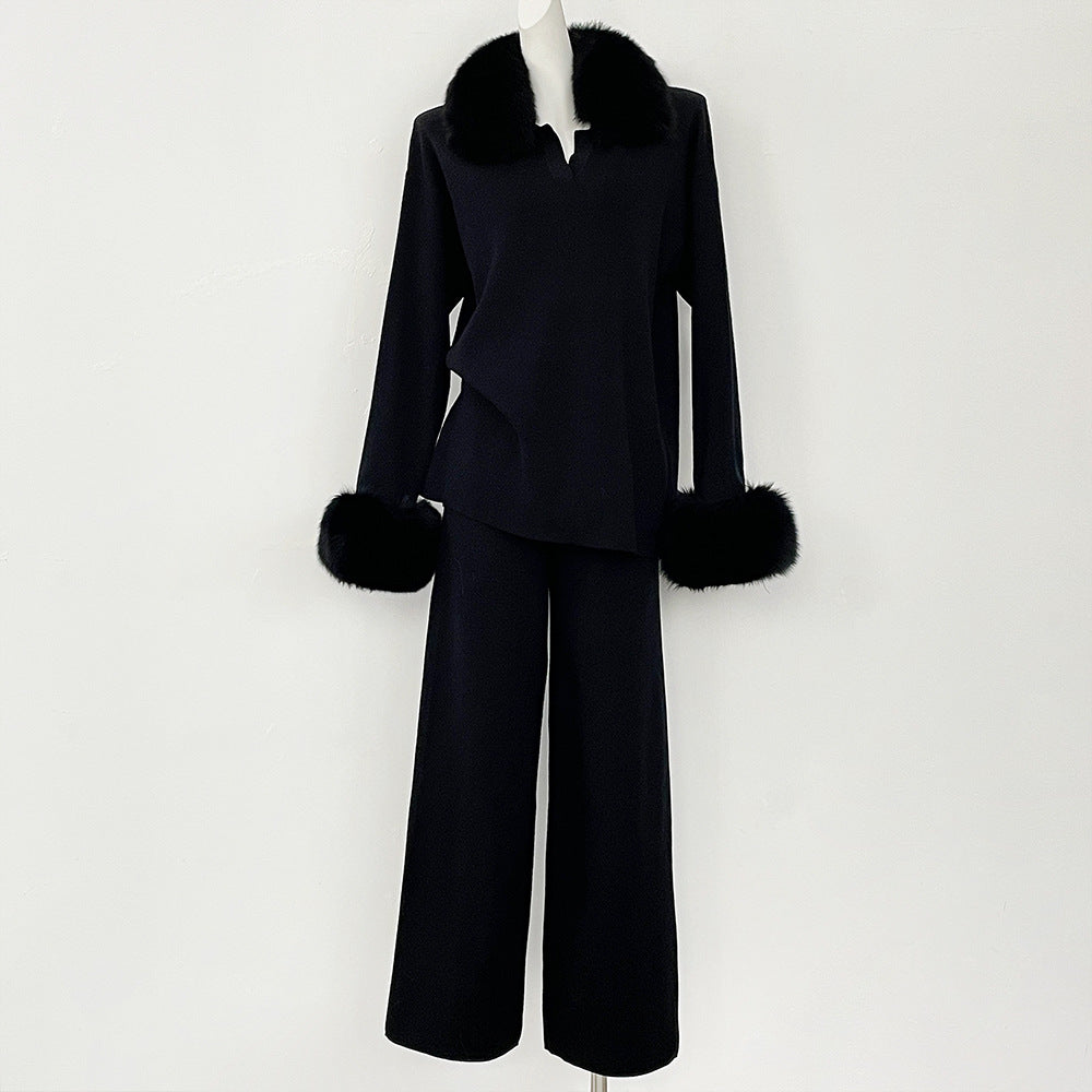 Velora Real Fox Fur Knit Lounge Set - Removable Fur Cuff & Neck