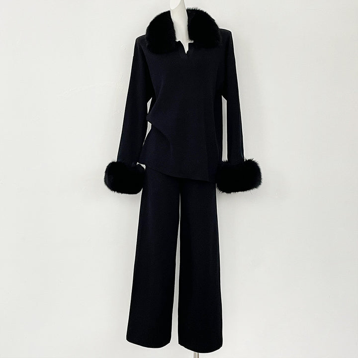 Velora Real Fox Fur Knit Lounge Set - Removable Fur Cuff & Neck