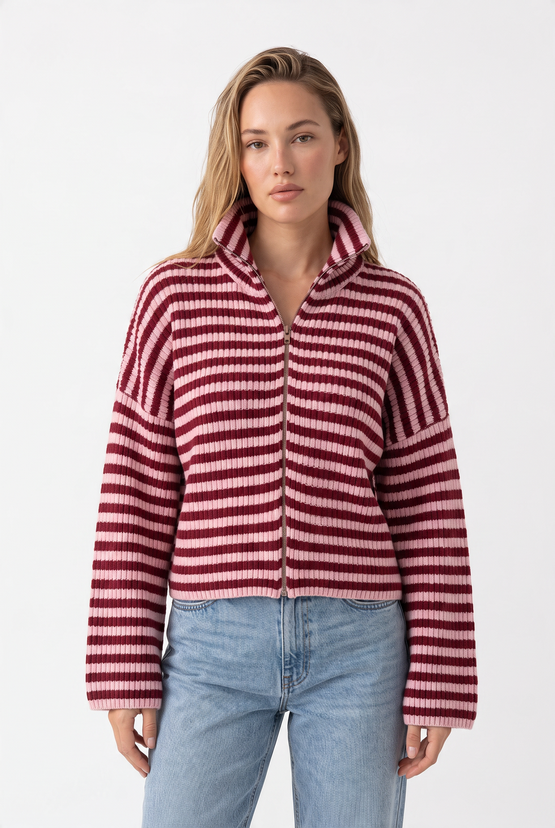 Striped Zip-Up Knit Cardigan Top