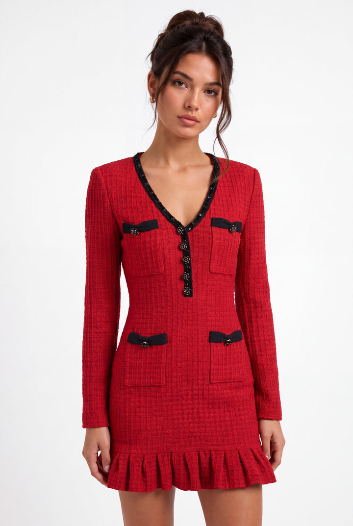 Ruffle Bow Wool Knit Sequin Mini Dress