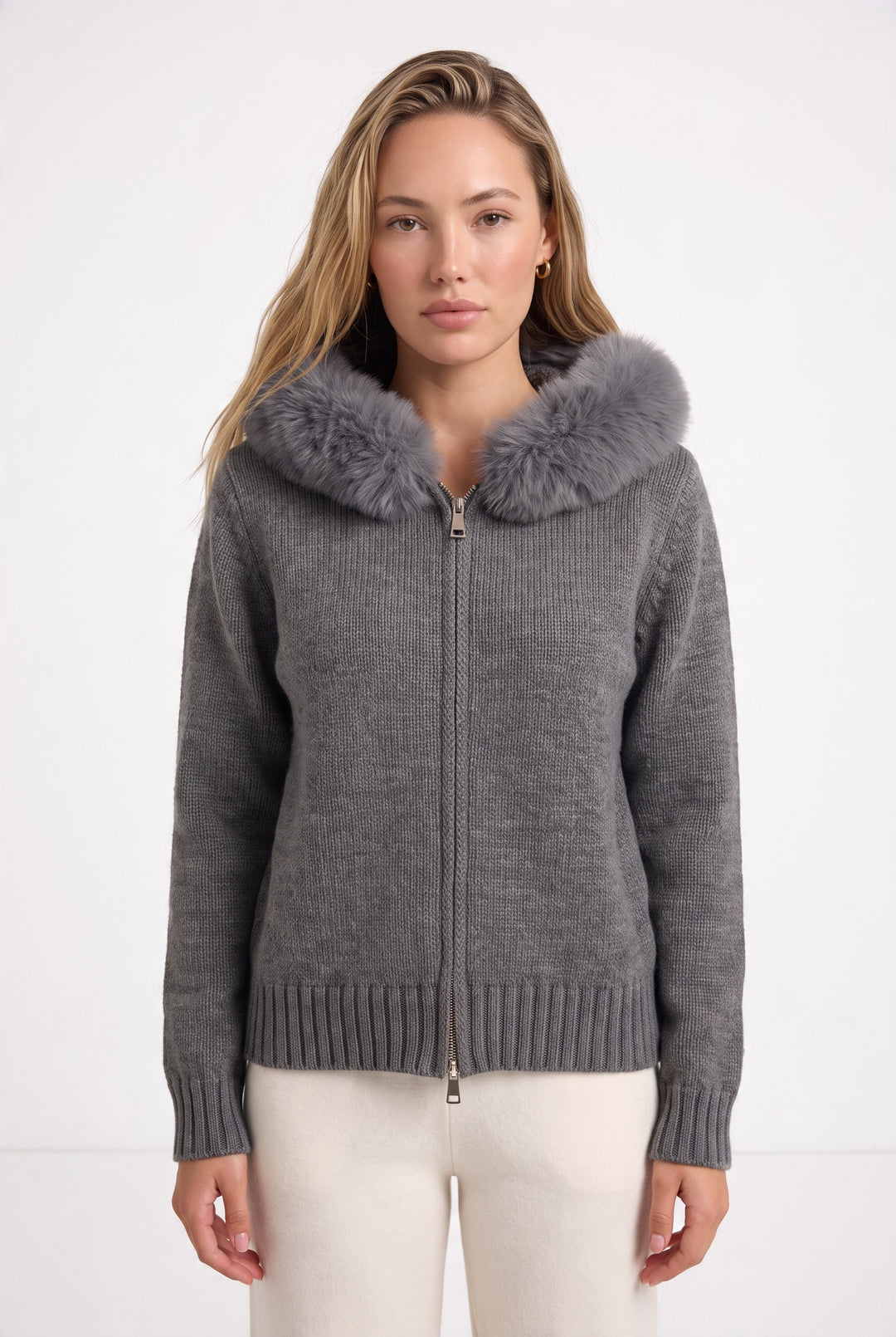 Fox Fur Collar Soft Wool Hooded jacket Top