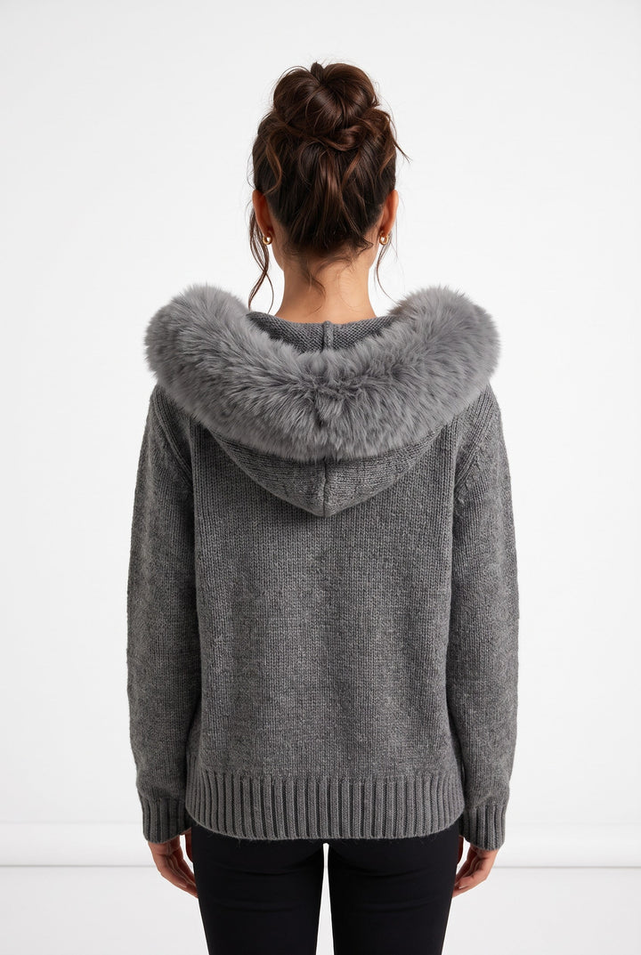 Fox Fur Collar Soft Wool Hooded jacket Top