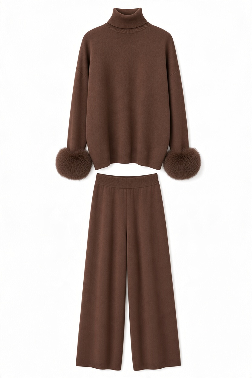 Ivy Real Fox Fur Turtleneck Knit Lounge Set