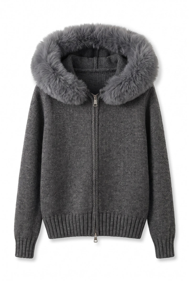 Fox Fur Collar Soft Wool Hooded jacket Top