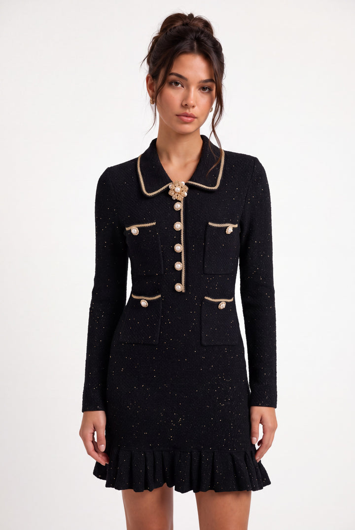 Marina Luxe Wool Knit Sequin Ruffle Mini Dress