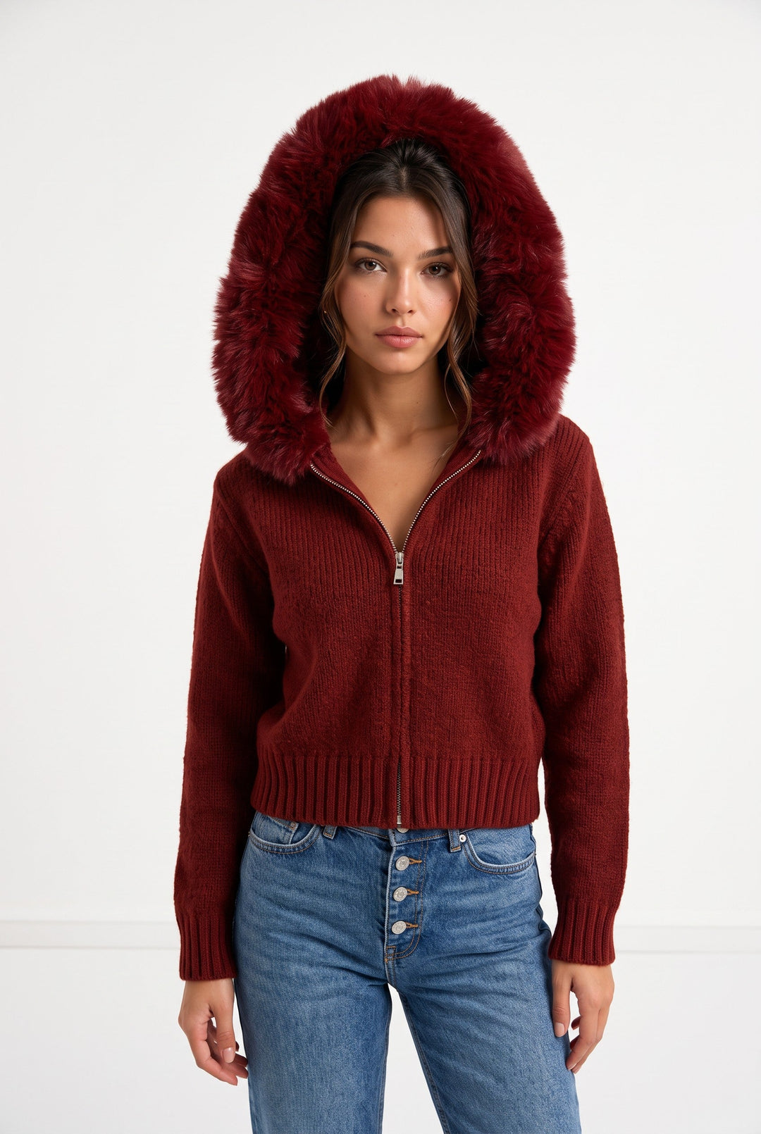 Fox Fur Collar Soft Wool Hooded jacket Top