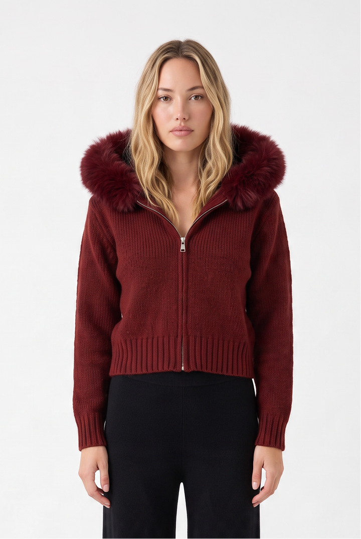 Fox Fur Collar Soft Wool Hooded jacket Top
