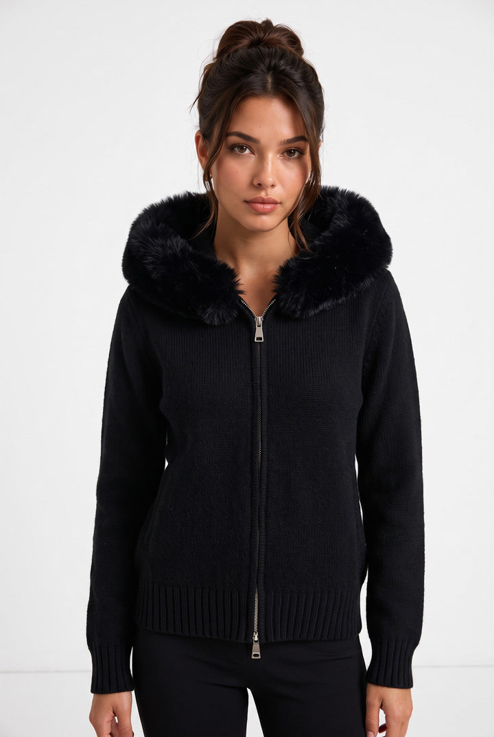 Fox Fur Collar Soft Wool Hooded jacket Top