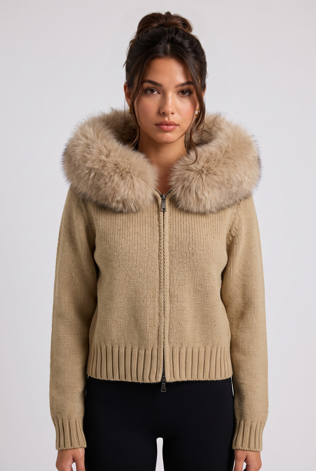 lily beige wool-blend knit jacket with an oversized faux fur collar, front zipper, and ribbed cuffs on a model