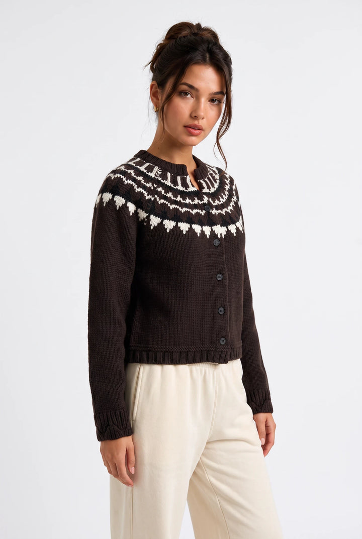 lily brown wool blend cardigan with a white Nordic-inspired yoke pattern, round neck, and button-front closure