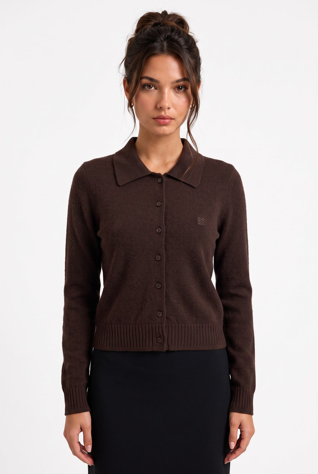 lily chocolate brown wool-viscose blend button-front cardigan with a classic collar and ribbed hem