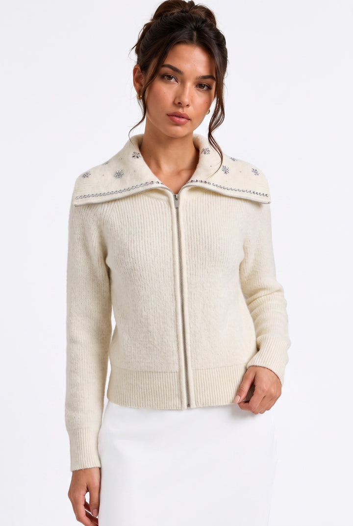 lily cream wool-blend zip-up cardigan featuring a wide collar with silver crystal floral embellishments
