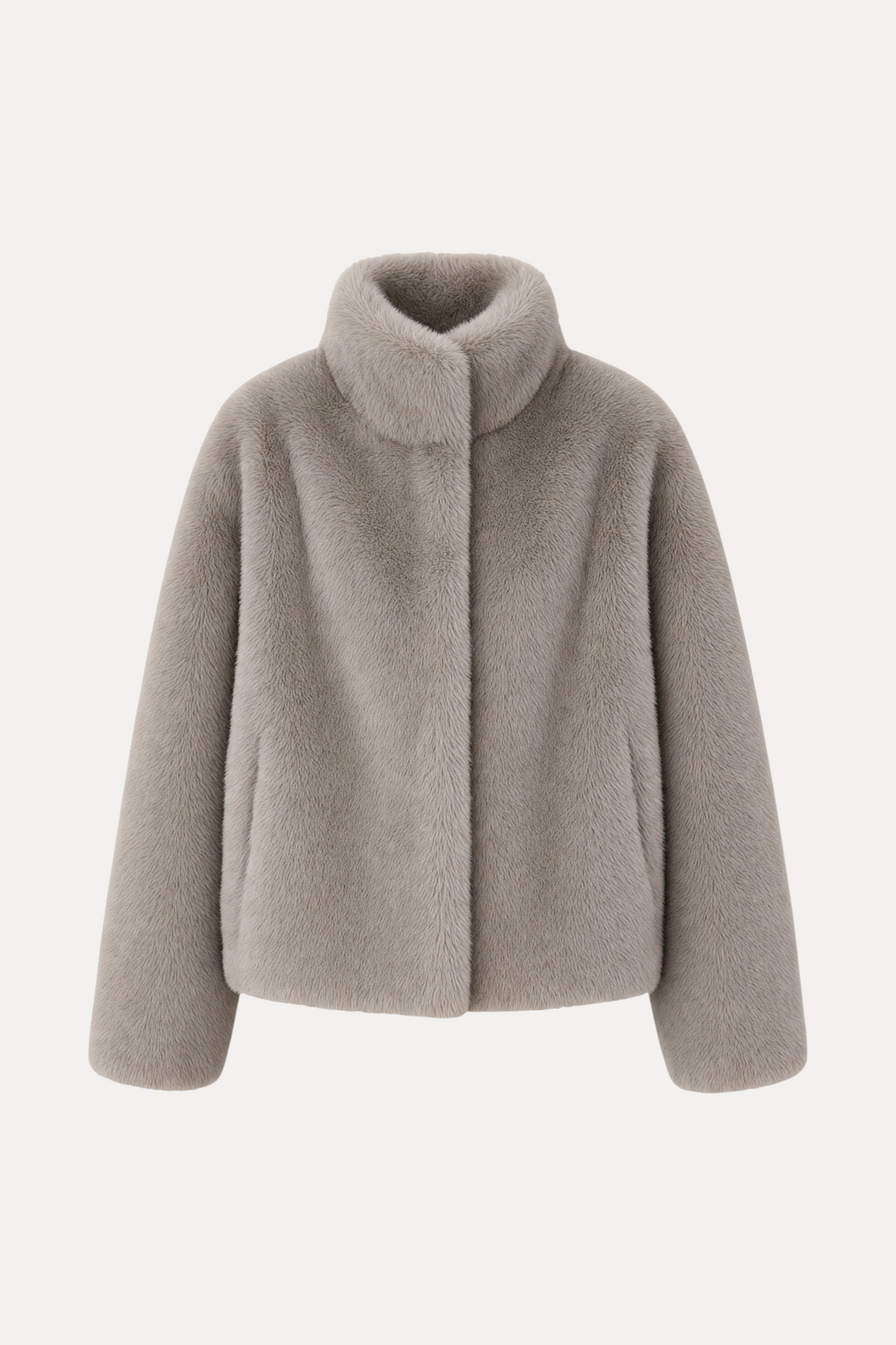 lily Mila plush mink fur coat in taupe with a stand collar and relaxed fit for a refined winter look.