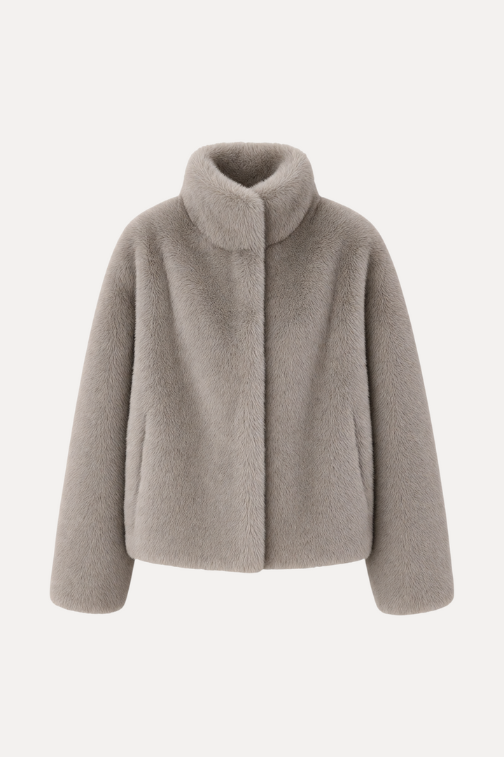 lily Mila plush mink fur coat in taupe with a stand collar and relaxed fit for a refined winter look.