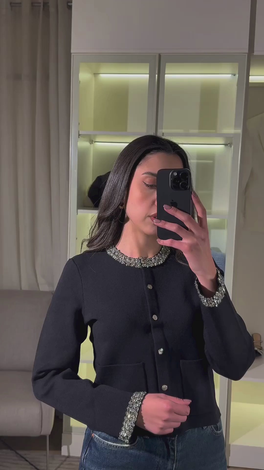 Crystal Luxe Embellished Cuff Detailed soft Wool Knit Jacket Top