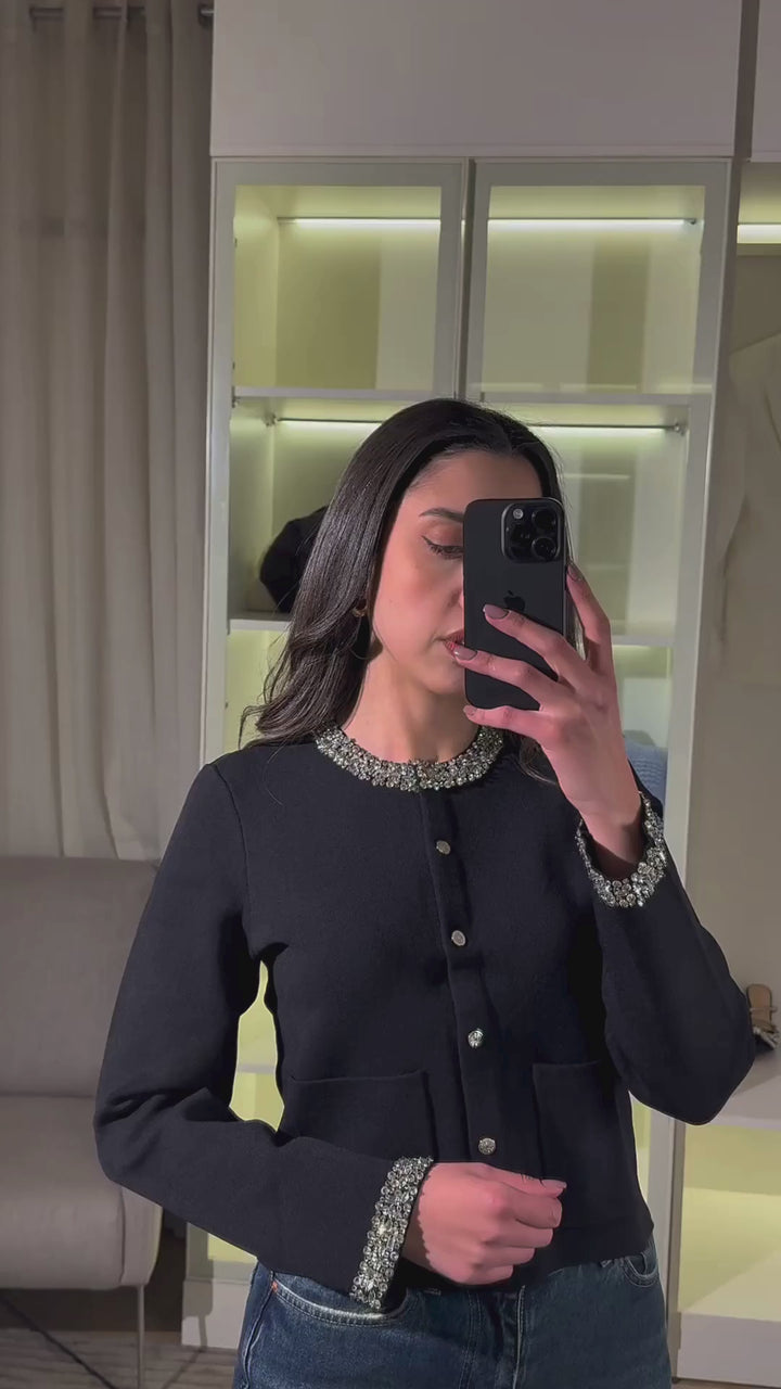 Crystal Luxe Embellished Cuff Detailed soft Wool Knit Jacket Top