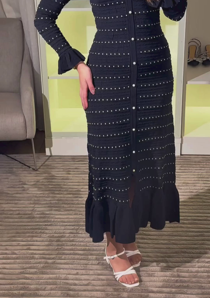 Elegant Pearl V Neck Maxi Dress